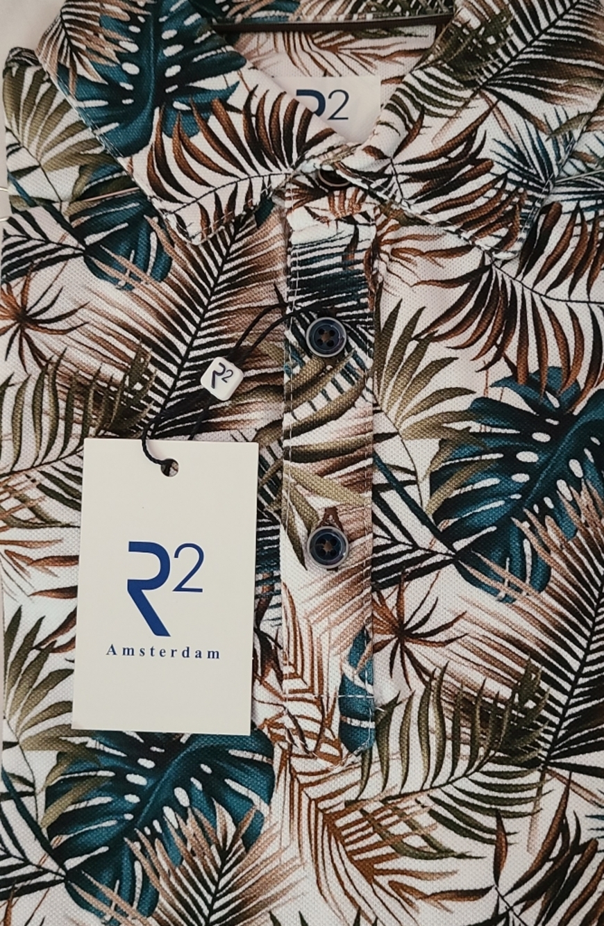 R2 Amsterdam Tropical Leaf Print Polo in Teal, Brown, Olive on White